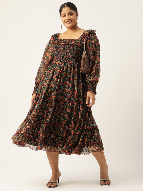 Antheaa Curve Plus Size Ethnic Motifs Smocked Tiered Chiffon Midi Dress - Image 5