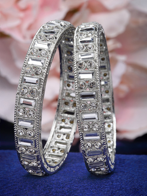 KARATCART Set Of 2 Silver-Plated CZ-Studded Bangles