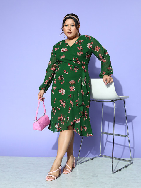 CURVE BY KASSUALLY Plus Size Floral Georgette Midi Dress