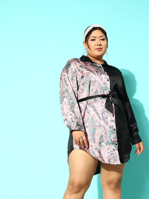 CURVE BY KASSUALLY Plus Size Colourblocked Satin Shirt Mini Dress With Belt - Image 3