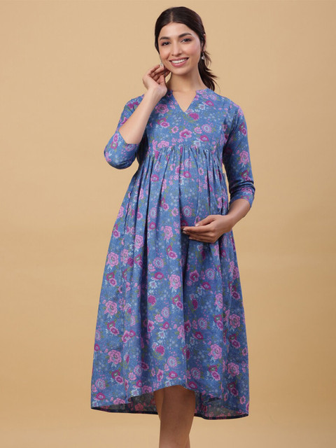 CRAFIQA Floral Printed Maternity Empire Midi Cotton Dress
