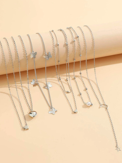 Jewels Galaxy Women Set Of 6 Silver-Plated Necklace