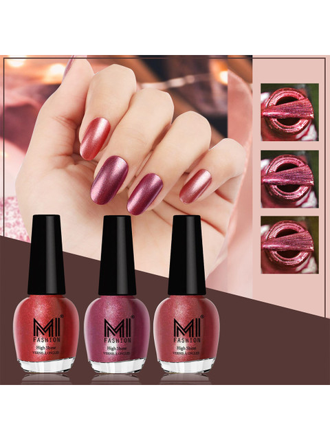 MI FASHION Set of 3 High Shine Long-Lasting Nail Lacquer 12 ml Each -Reddish Bronze 07 - Shimmer Coffee 09 - Metallic Maroon 10