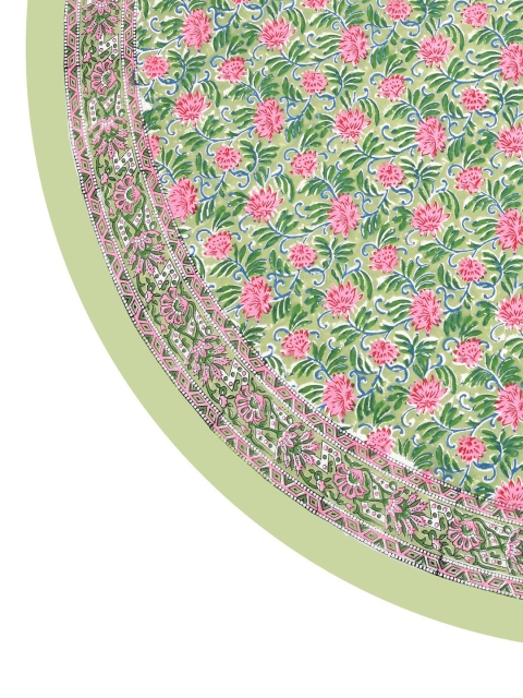 BLOCKS OF INDIA Green & Pink Floral Printed Pure Cotton Round 4-Seater Table Cloth - Image 4