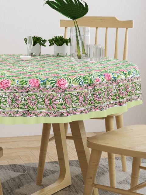 BLOCKS OF INDIA Green & Pink Floral Printed Pure Cotton Round 4-Seater Table Cloth - Image 3