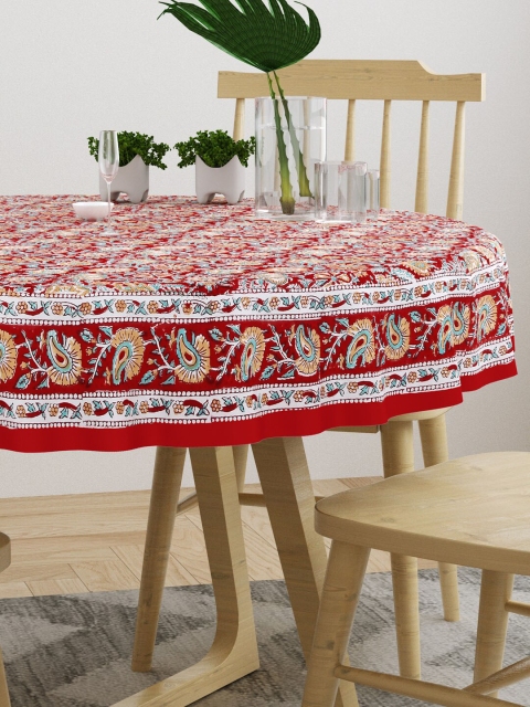 BLOCKS OF INDIA Red Floral Printed Pure Cotton Round 4-Seater Table Cloth - Image 3