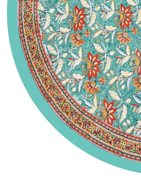 BLOCKS OF INDIA Green & Red Floral Printed Pure Cotton Round 4-Seater Table Cloth - Image 4