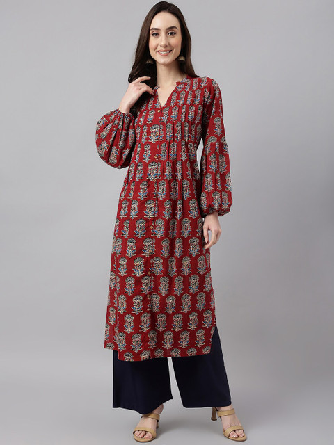 Janasya Women Maroon Pure Cotton Floral Printed Flared Kurta