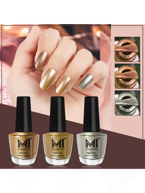 MI FASHION Set of 3 High Shine Long-Lasting Nail Lacquer 12 ml Each - Golden 43 - Metallic Golden 45 - Metallic Green 67