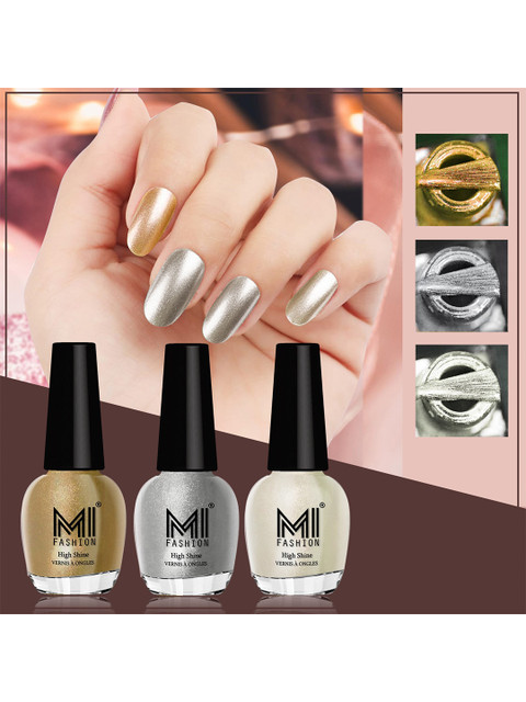 MI FASHION Set of 3 High Shine Long-Lasting Nail Lacquer 12 ml Each - Metallic Golden 45 - Metallic Silver 46 - Pearly White Chrome 58