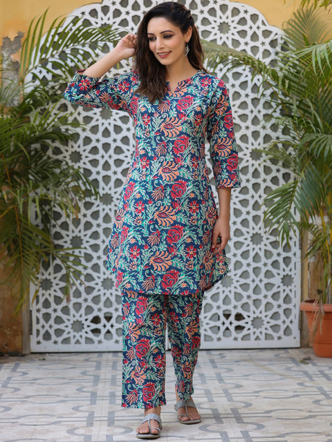 Rain & Rainbow Floral Printed Pure Cotton Kurta With Trousers