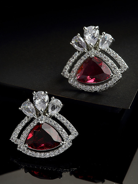 ZENEME Rhodium-Plated AD Studded Triangular Stud Earrings