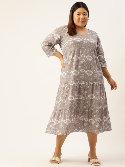 theRebelinme Plus Size Floral Cotton A-Line Midi Dress