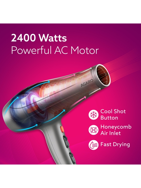 Agaro HD-1124 2400Watt AC Motor Professional Hair Dryer with Diffuser - Silver-Toned - Image 4