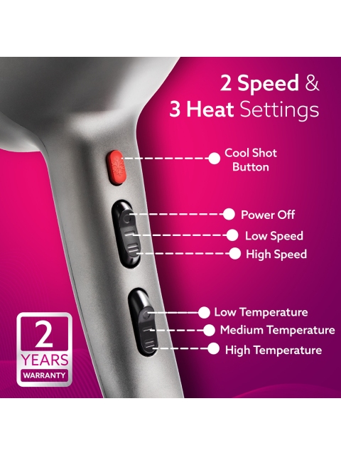 Agaro HD-1124 2400Watt AC Motor Professional Hair Dryer with Diffuser - Silver-Toned - Image 3