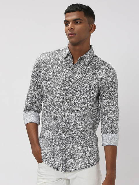 Mufti Men Trim Slim Fit Floral Sheer Printed Casual Cotton Linen Shirt