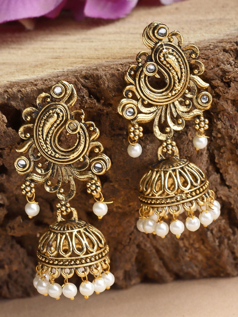 KARATCART Gold-Plated Pearls Studded Contemporary Jhumkas Earrings