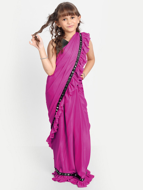 LOOKS AND LIKES Girls Embellished Boarder Sequinned Ruffles Saree