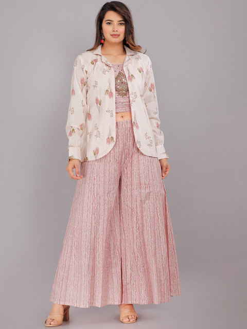 KALINI Women Printed Pure Cotton Crop Top With Palazzo & Jacket