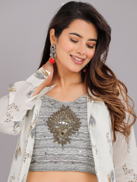 KALINI Printed Pure Cotton Crop Top With Palazzo & Jacket - Image 2