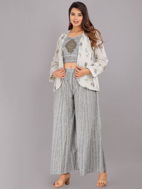 KALINI Printed Pure Cotton Crop Top With Palazzo & Jacket - Image 4