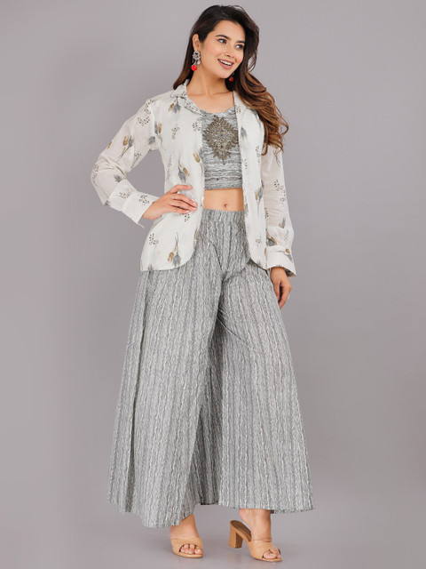 KALINI Printed Pure Cotton Crop Top With Palazzo & Jacket - Image 3