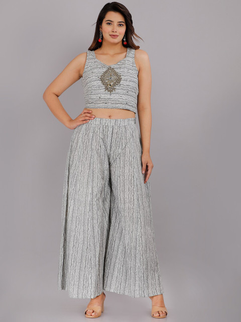 KALINI Printed Pure Cotton Crop Top With Palazzo & Jacket - Image 6