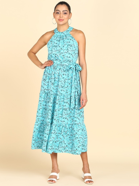 ZNX Clothing Floral Printed Halter Neck A-Line Midi Dress