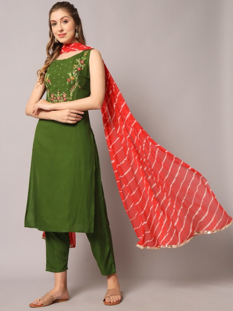 KALINI Floral Embroidered Mirror Work Kurta with Trousers & Dupatta