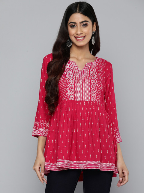 HERE&NOW Ethnic Motifs Print Pleated Short Kurti