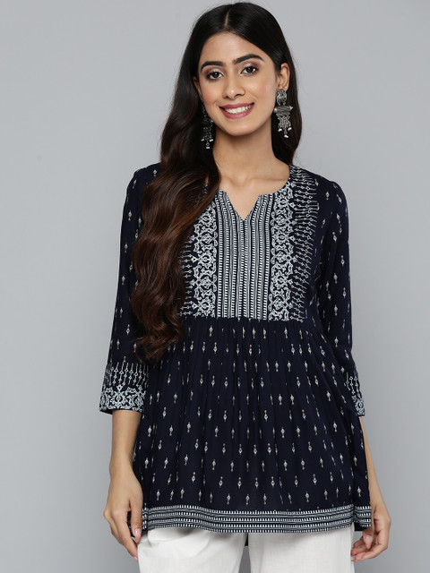 HERE&NOW Ethnic Motifs Print Pleated Short Kurti