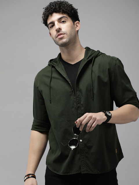 The Roadster Life Co. Solid Relaxed Fit Hooded Pure Cotton Casual Shirt