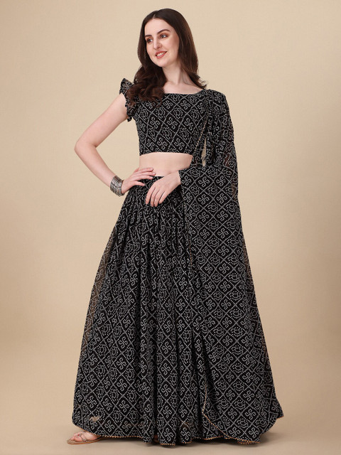 PMD Fashion Bandhani Printed Semi-Stitched Lehenga & Unstitched Blouse With Dupatta