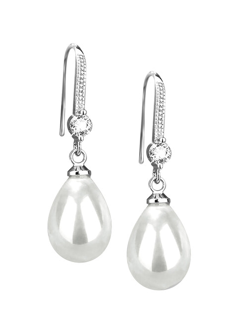 Peora Silver Plated Contemporary Pearl Studded Drop Earrings - Image 4