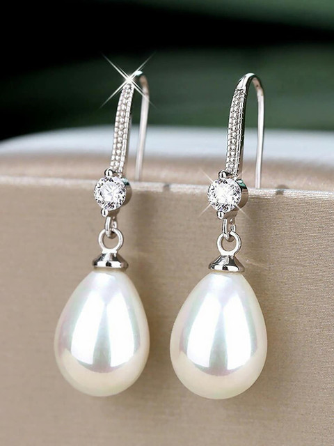 Peora Silver Plated Contemporary Pearl Studded Drop Earrings - Image 2