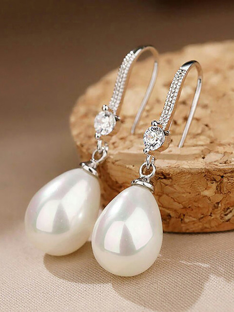 Peora Silver Plated Contemporary Pearl Studded Drop Earrings - Image 3