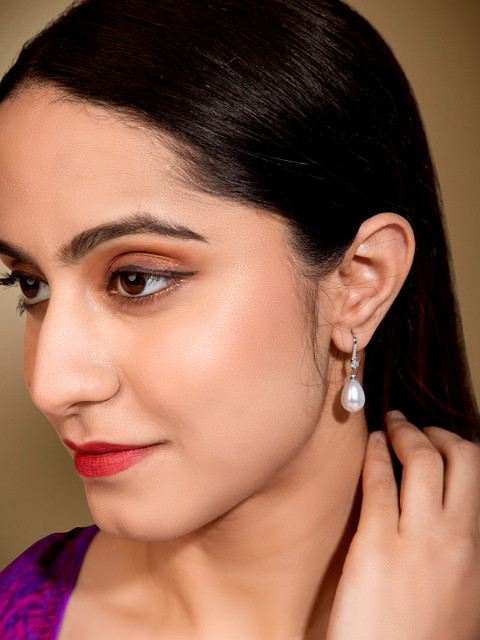 Peora Silver Plated Contemporary Pearl Studded Drop Earrings