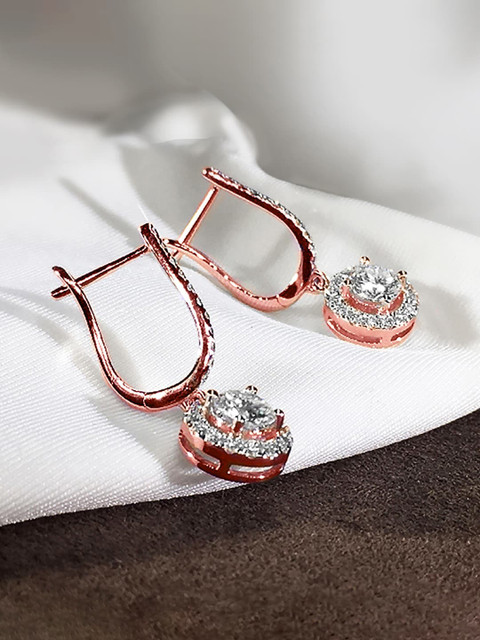 Peora AD Studded Rose Gold Plated Hoop Drop Earrings