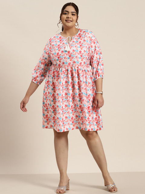 Sztori Plus Size Floral Print Tie-Up Neck Puff Sleeve A-Line Dress - Image 3