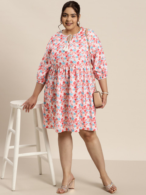Sztori Plus Size Floral Print Tie-Up Neck Puff Sleeve A-Line Dress