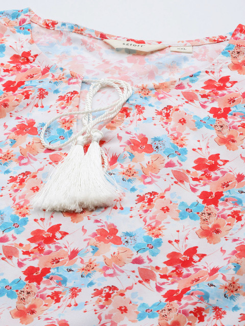 Sztori Plus Size Floral Print Tie-Up Neck Puff Sleeve A-Line Dress - Image 2