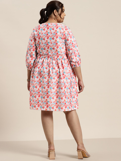 Sztori Plus Size Floral Print Tie-Up Neck Puff Sleeve A-Line Dress - Image 5