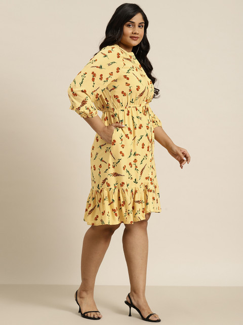 Sztori Plus Size Floral Print Drawstring Detail Roll-Up Sleeves A-Line Dress - Image 3