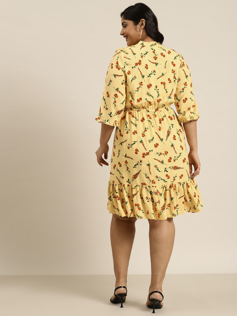 Sztori Plus Size Floral Print Drawstring Detail Roll-Up Sleeves A-Line Dress - Image 4