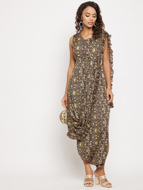 Uptownie Lite Printed V-Neck Ankle Length Ethnic Sleeveless Basic Jumpsuit With Dupatta