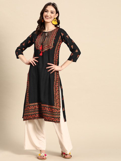 Sangria Floral Yoke Printed Mirror Work Kurta - Image 3