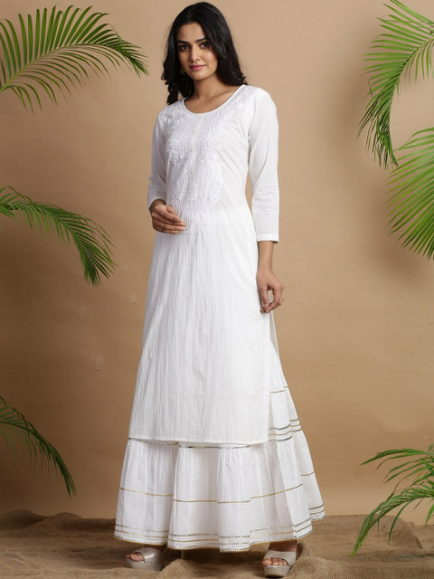 Juniper Ethnic Motif Yoke Design Thread Work Cotton Kurta - Image 5