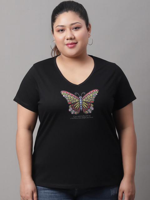 Rute Plus Size Graphic Printed V-Neck Cotton T-shirt