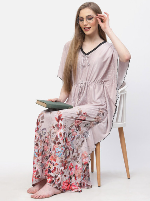 Arrabi Floral Printed Satin Kaftan Nightdress - Image 5