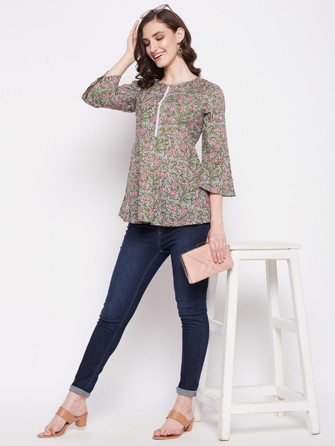 Imfashini Round Neck Floral Printed Longline Cotton A-Line Top - Image 7